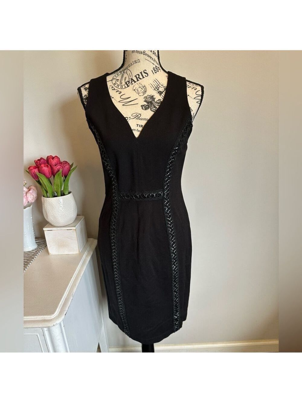 Catherine Malandrino Black Stretchy Dress with Faux Leather Detail Size 4